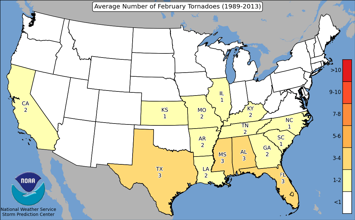 February tornadoes by state
