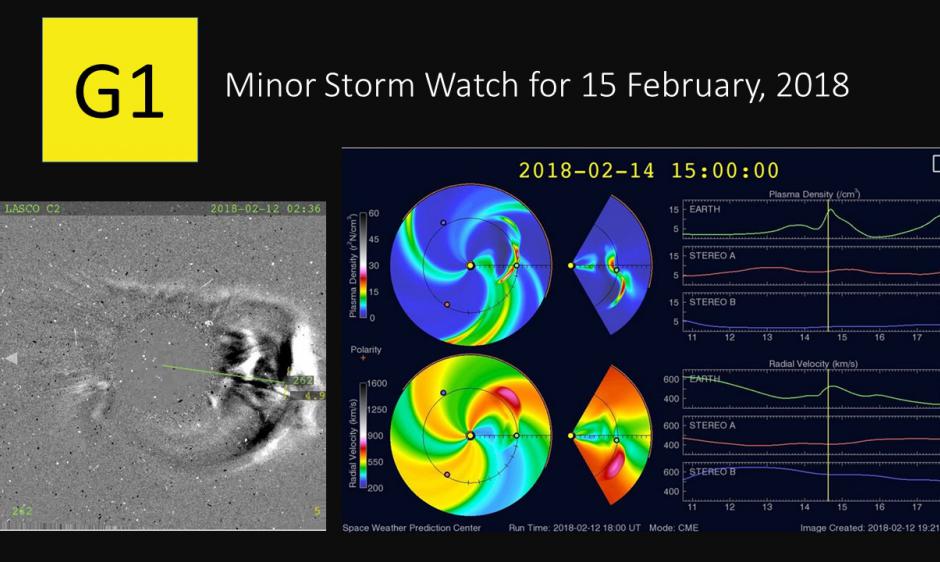 G1 = Minor geomagnetic storm watch in effect for February 15