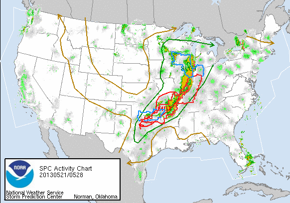 This is the current graphic showing any severe thunderstorm and tornado watches which are in effect over the contiguous United States.