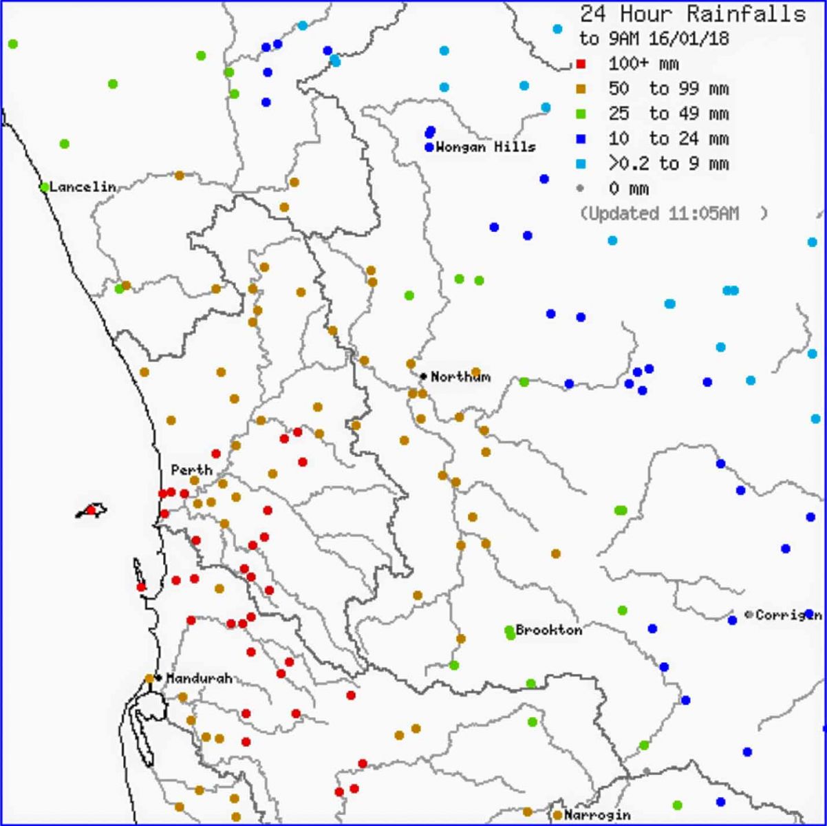 24 hour rainfalls - Perth, WA January 15 - 16, 2018