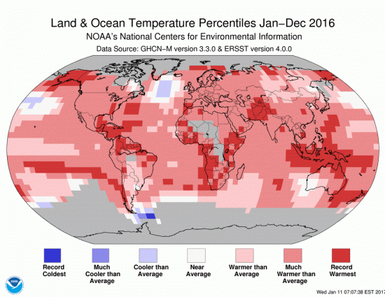 Land and ocean temperature percentiles 2016