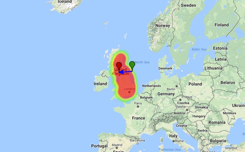 Fireball over the United Kingdom on December 31, 2017 - HeatMap