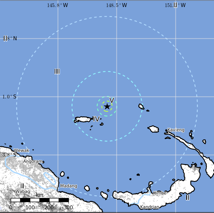 Admiralty Islandy, PNG earthquake August 27, 2017 - Estimated population exposure