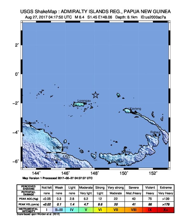Admiralty Islandy, PNG earthquake August 27, 2017 - ShakeMap