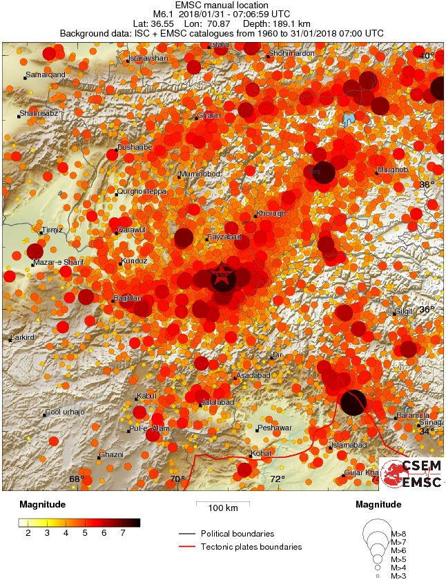 Hindu Kush, Afghanistan earthquake January 31, 2018 - Regional seismicity