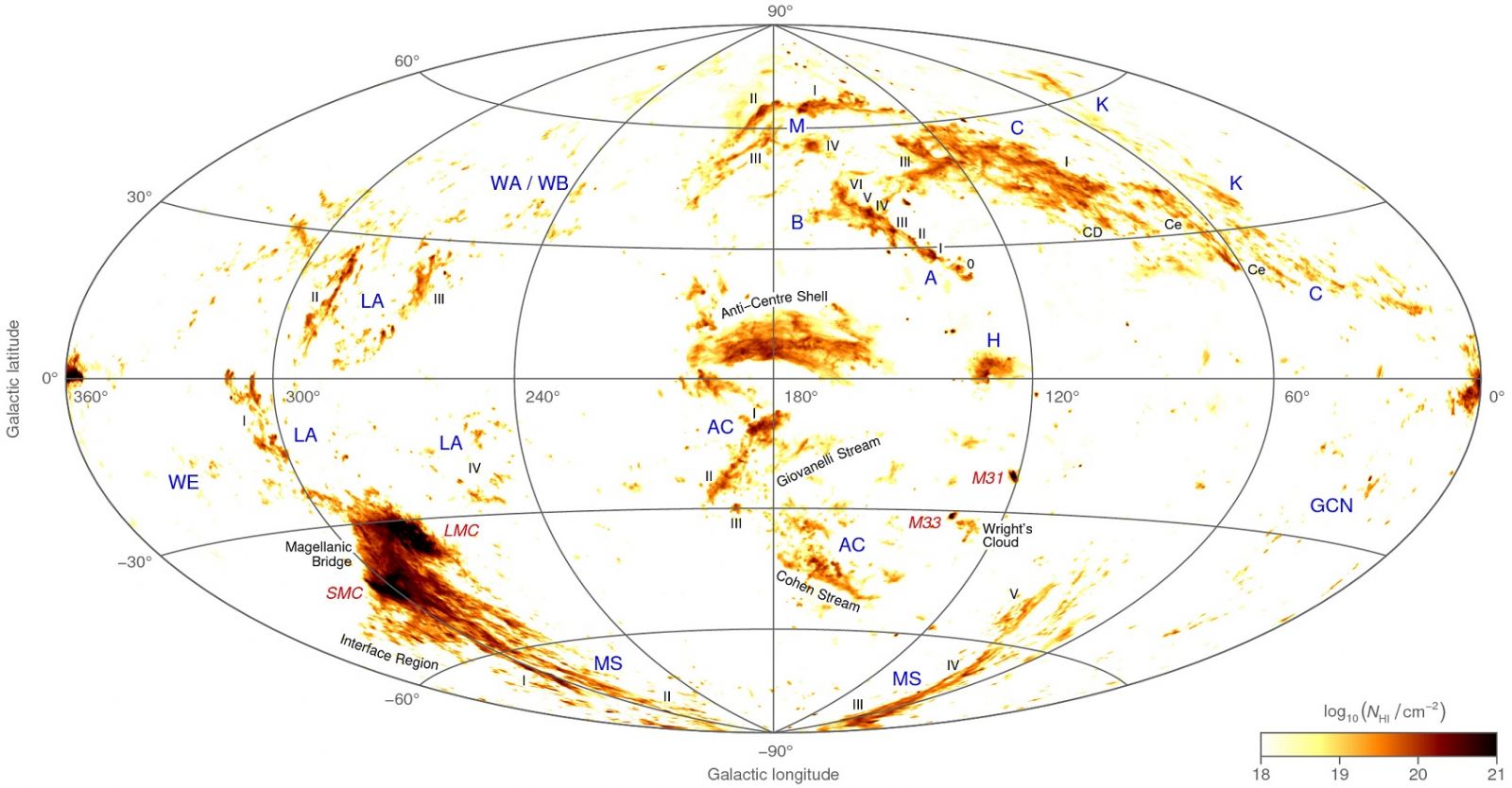 An all-sky map showing the location and column density of neutral hydrogen gas