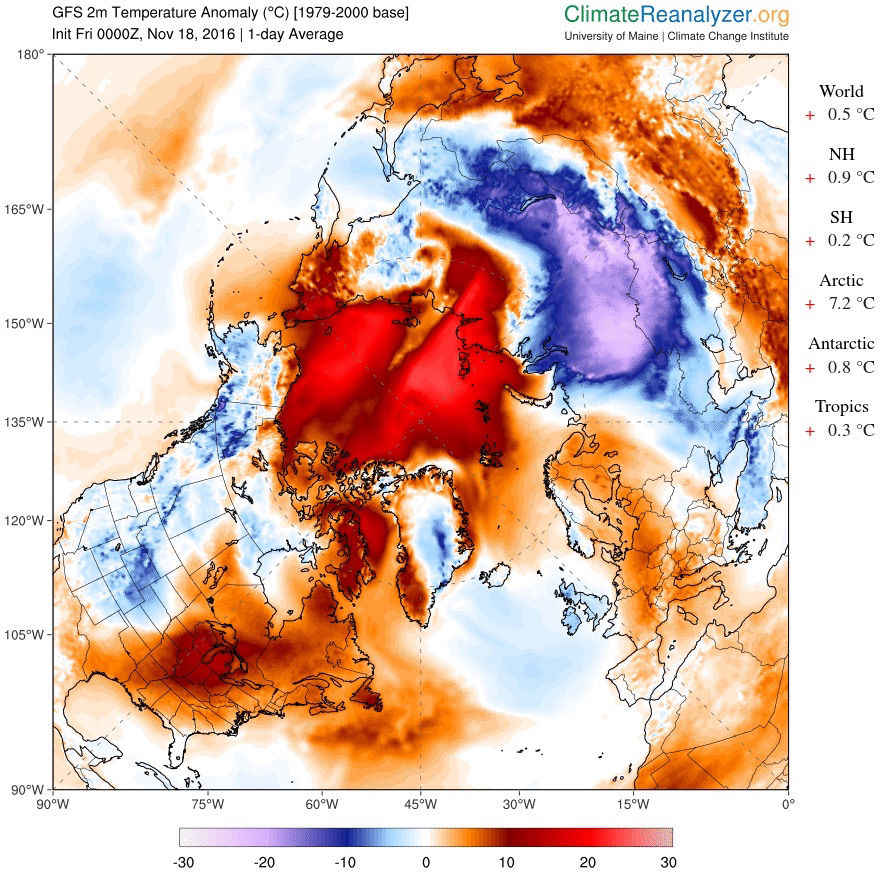 A heat map indicating much hotter (red) and colder (blue) the Earth was on November 18, 2016, in comparison with the same days in a period between 1979 and 2000. Image credit: ClimateReanalyzer.org/Climate Change Institute/The University of Maine