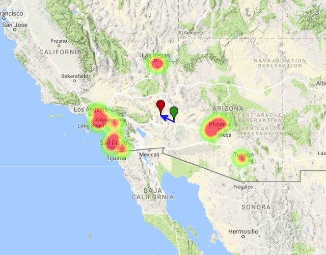 Arizona - California fireball November 8, 2017 - Heatmap