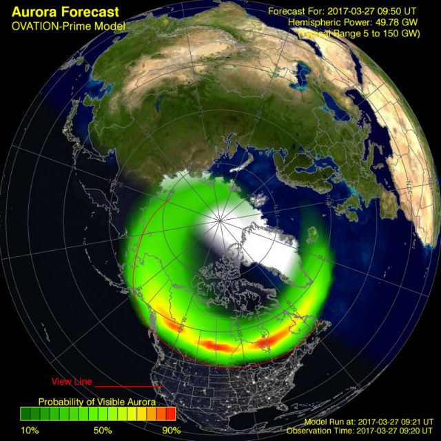 Aurora forecast, OVATION-Prime Model for 09:20 UTC, March 27, 2017