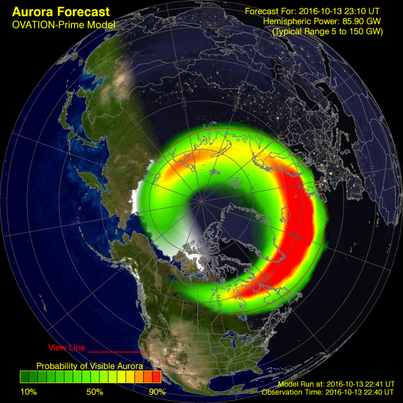 Aurora forecast ovation prime model run at 22:41 UTC on October 13, 2016