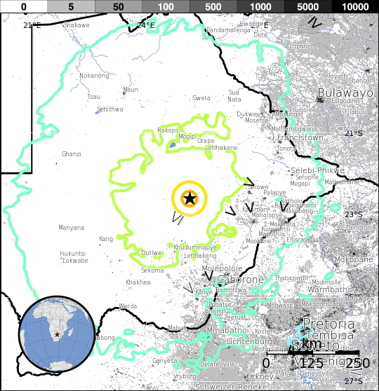 Botswana earthquake, April 3, 2017 - Estimated population exposure