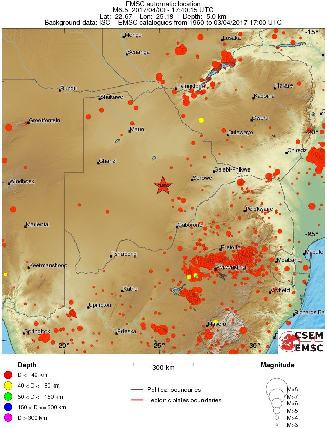 Botswana earthquake - April 3, 2017 - Historic seismicity