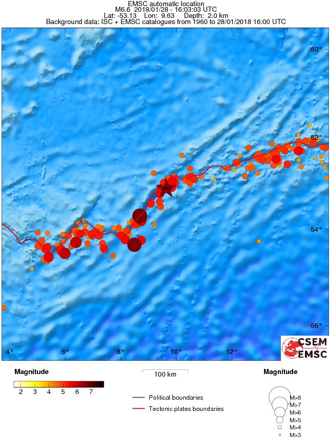 Bouvet Island, South Pacific Ocean earthquake January 28, 2018 - Regional seismicity