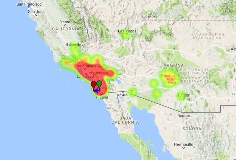 Fireball over San Diego, California, April 2017 - Heatmap