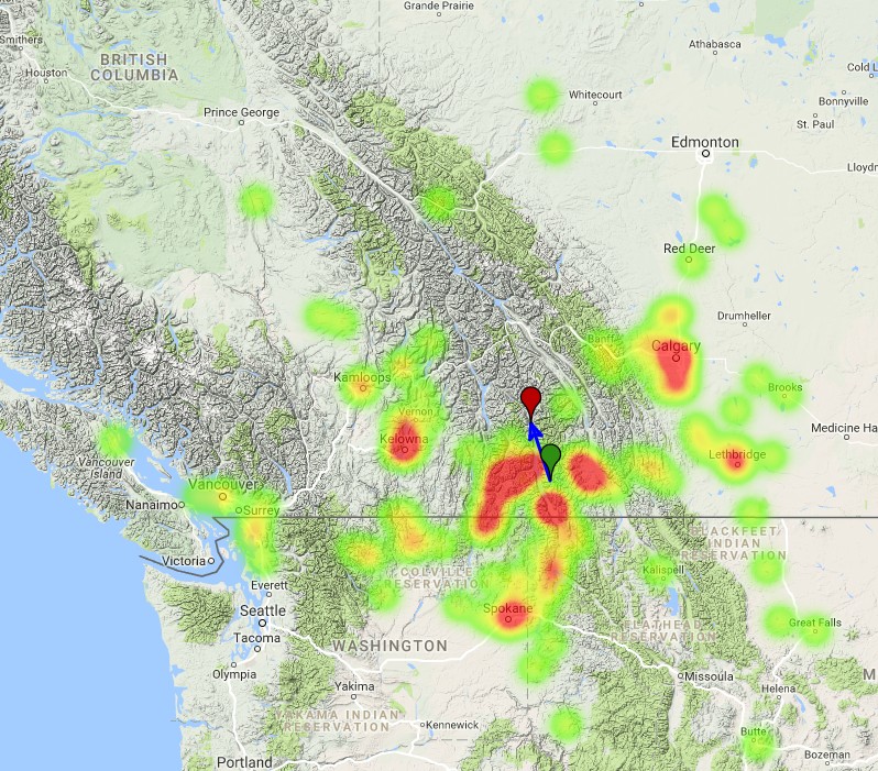British Columbia fireball September 2017 - heatmap and trajectory