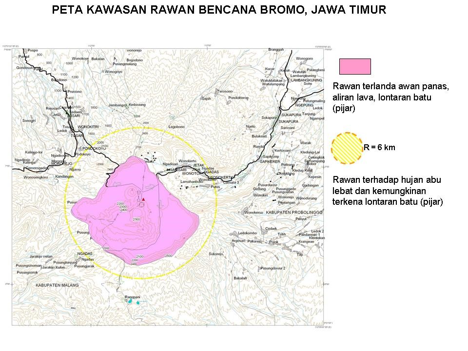 Mount Bromo, East Java, Indonesia - disaster prone area map