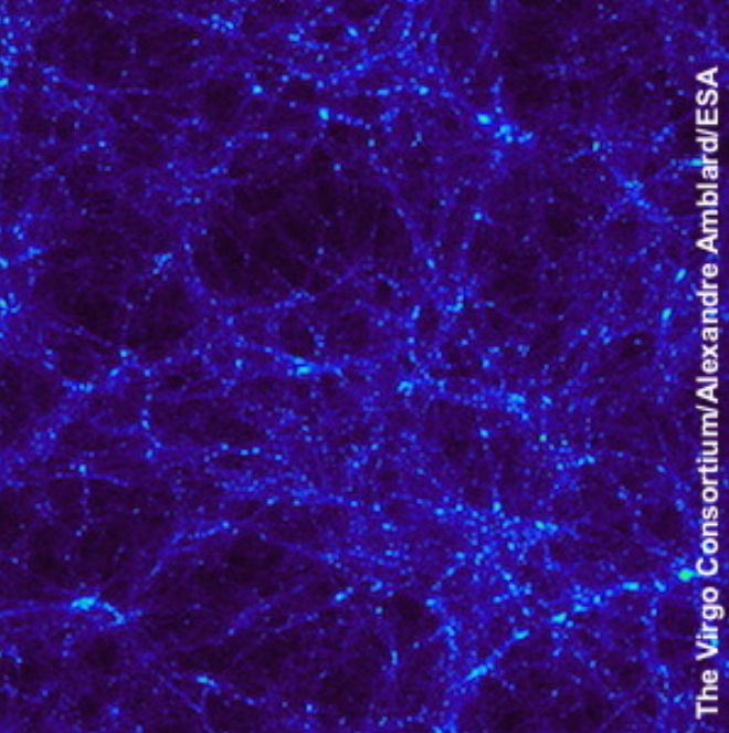 Simulated distribution of dark matter approximately three billion years after the Big Bang. Image credit: The Virgo Consortium/Alexandre Amblard/ESA