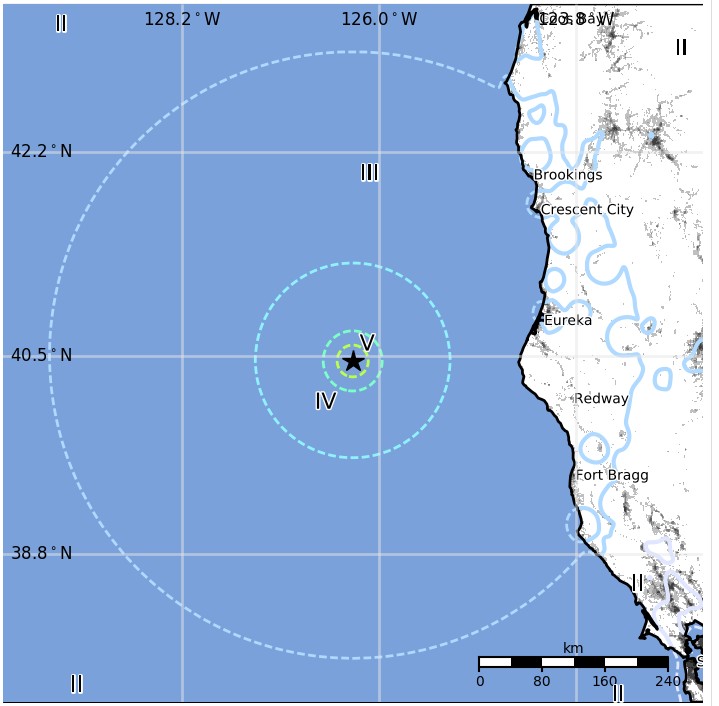 M5.8 earthquake hits off the coast of Northern California - Estimated population exposure
