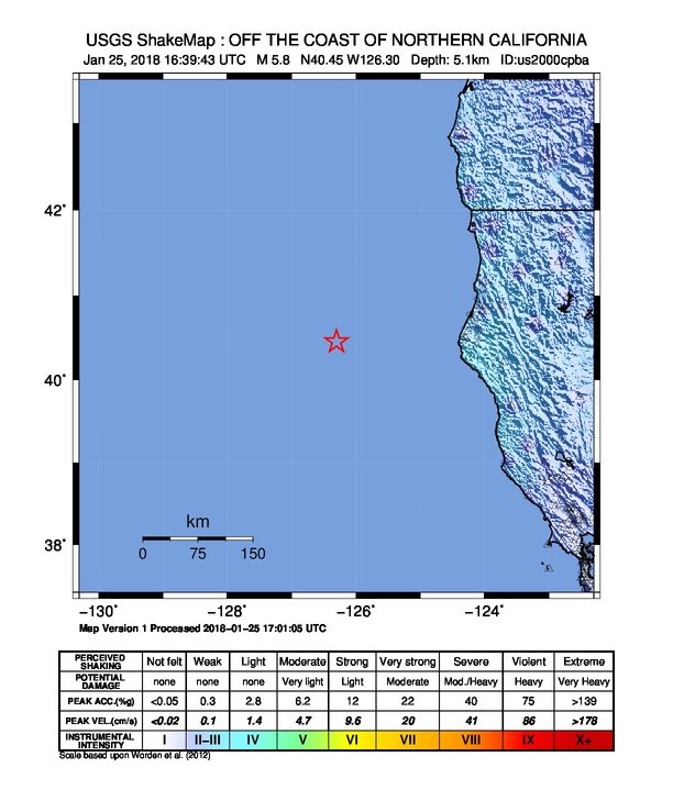 M5.8 earthquake hits off the coast of Northern California - Shakemap