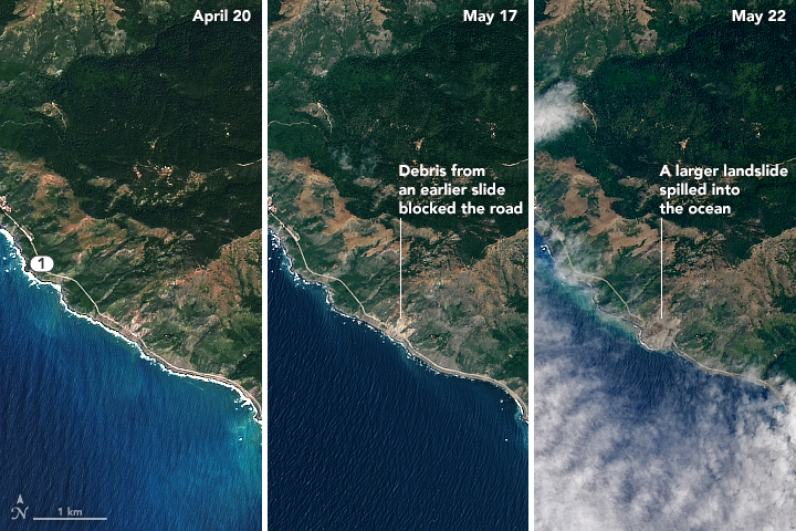 California Highway 1 landslide from space - May 2017