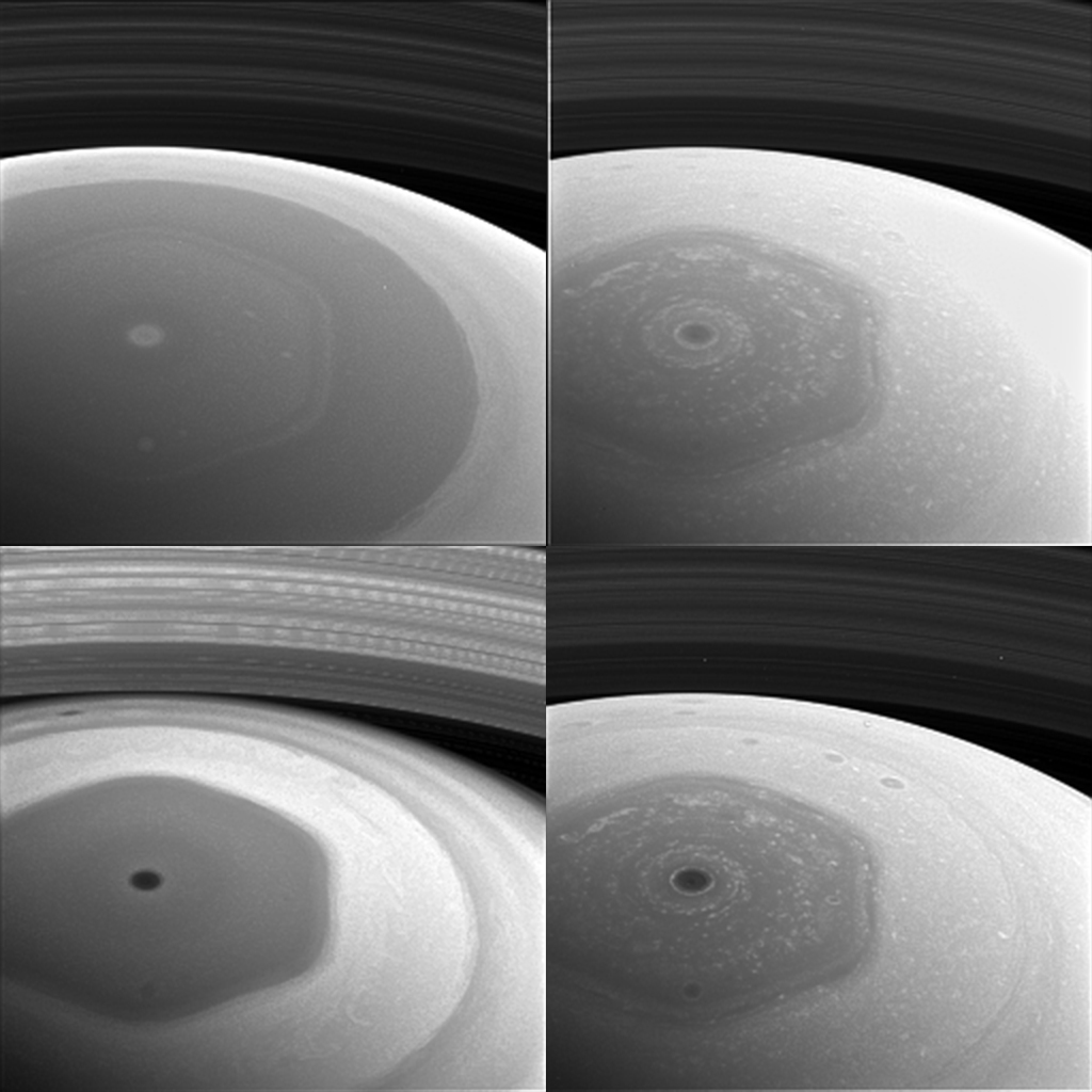 Saturn's northern hemisphere and rings as viewed with four different spectral filters.