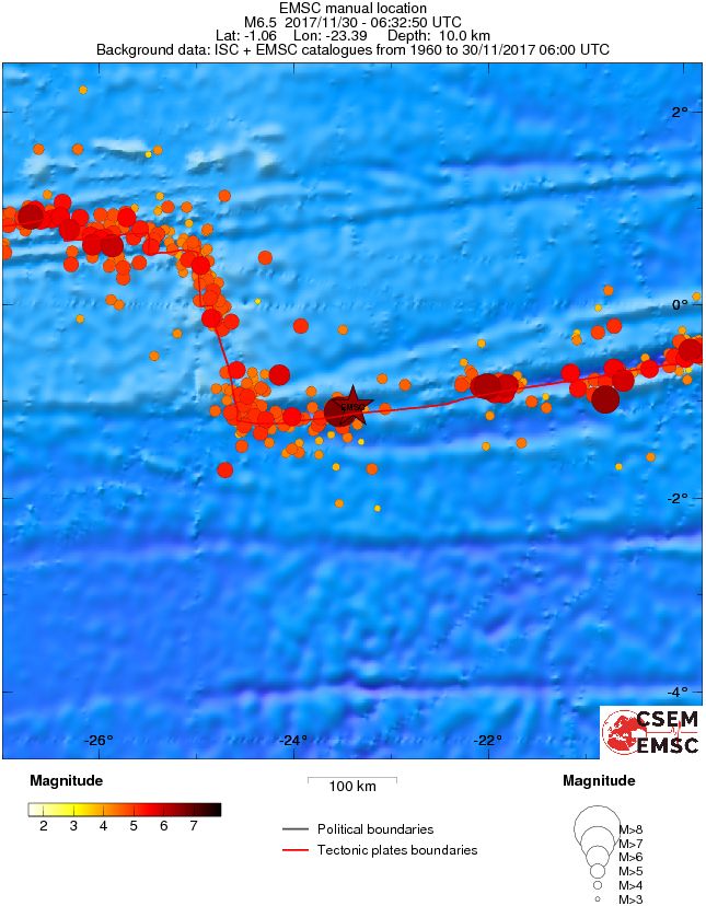 Central Mid-Atlantic Ridge earthquake November 30, 2017 - Regional Seismicity