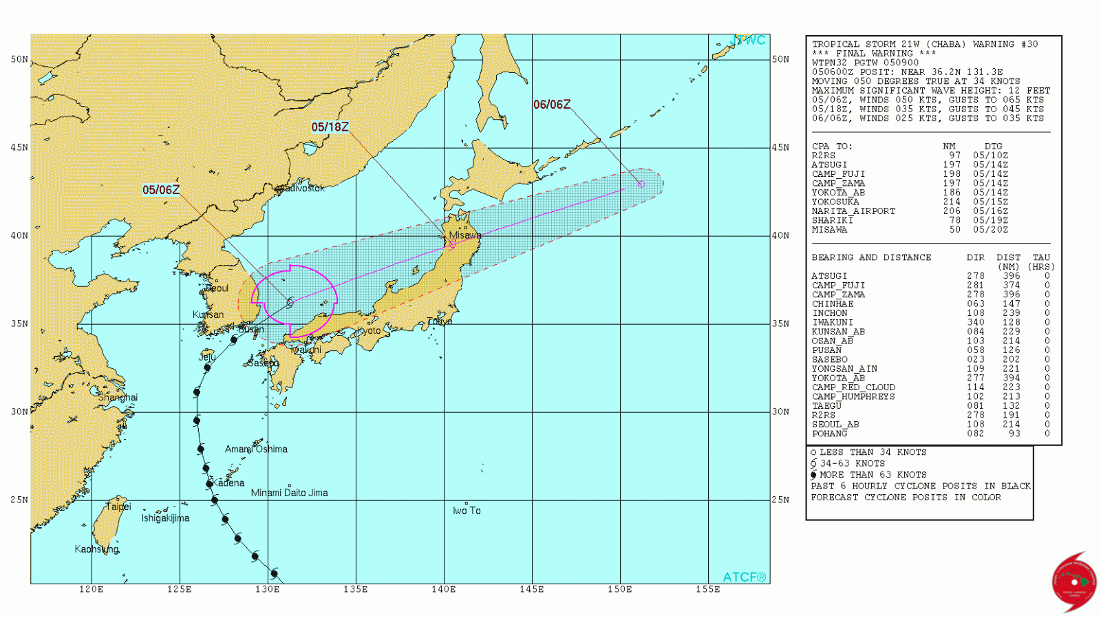 Tropical Storm Chaba 24-hour forecast track. Image credit: JTWC