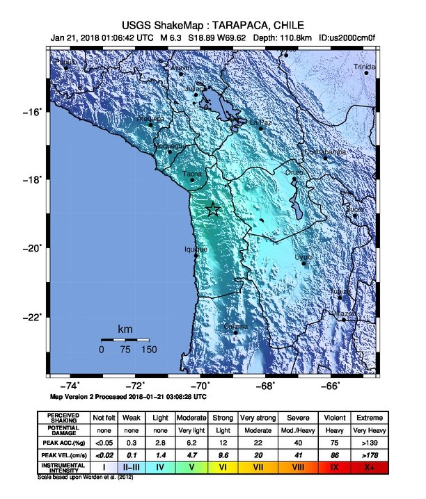 Chile earthquake January 21, 2018 ShakeMap