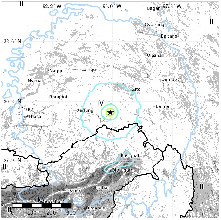 China - India border region earthquake November 17, 2017 - Estimated population exposure