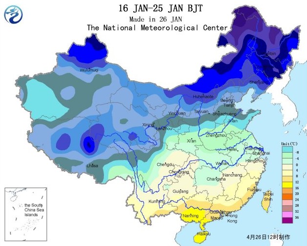 Minimum temperatures January 26, 2018 - China