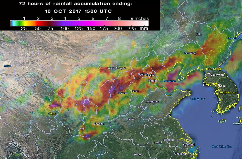 3-day rainfall accumulation by 15:00 UTC on October 10, 2017 - China