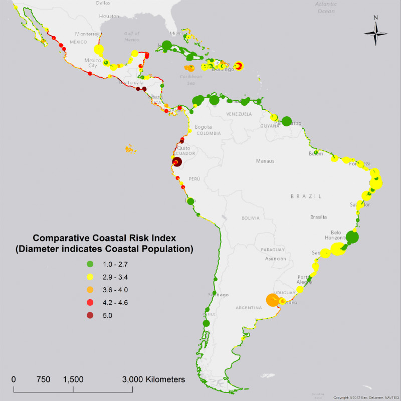 Geographic distribution of the Comparative Coastal Risk Index (CCRI) in Latin America and the Caribbean.