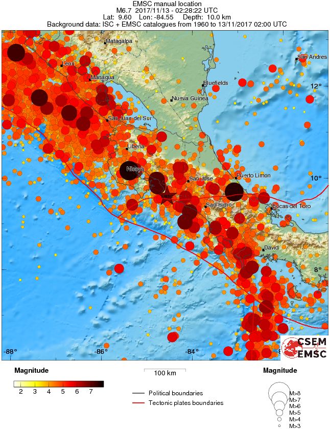 Costa Rica earthquake November 12, 2017 - Regional seismicity