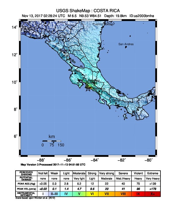 Costa Rica earthquake November 12, 2017 - ShakeMap