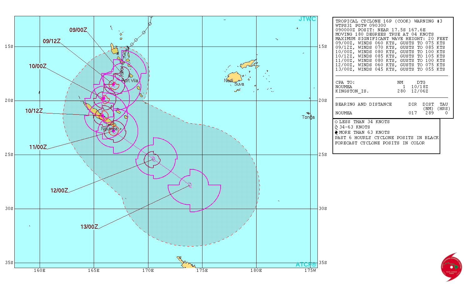 Tropical Cyclone Cook forecast track by JTWC on April 9, 2017