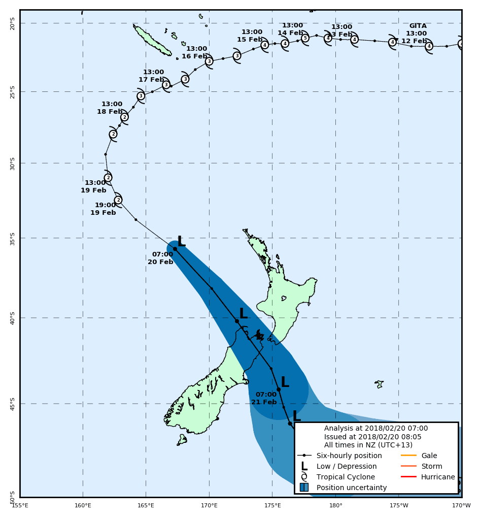 Cyclone Gita TCWC Wellington forecast track on February 19, 2018