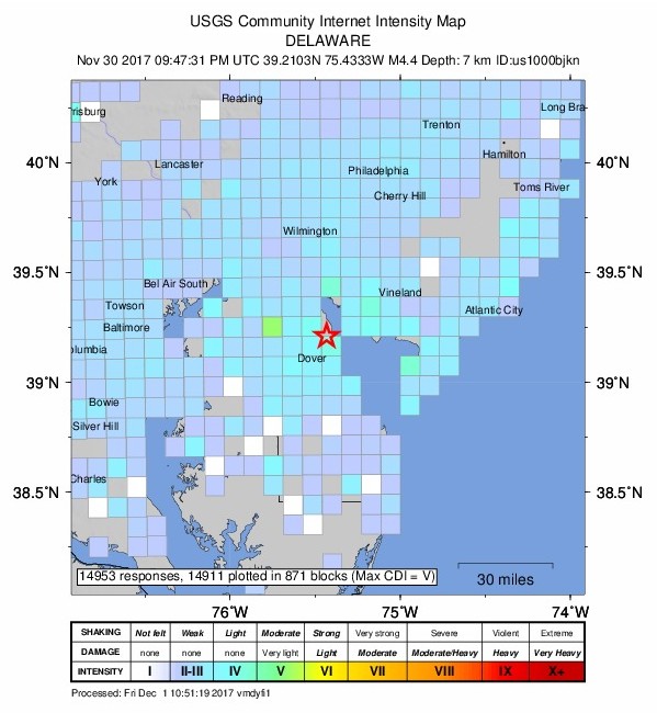Delaware earthquake - November 30, 2017 - Community intensity