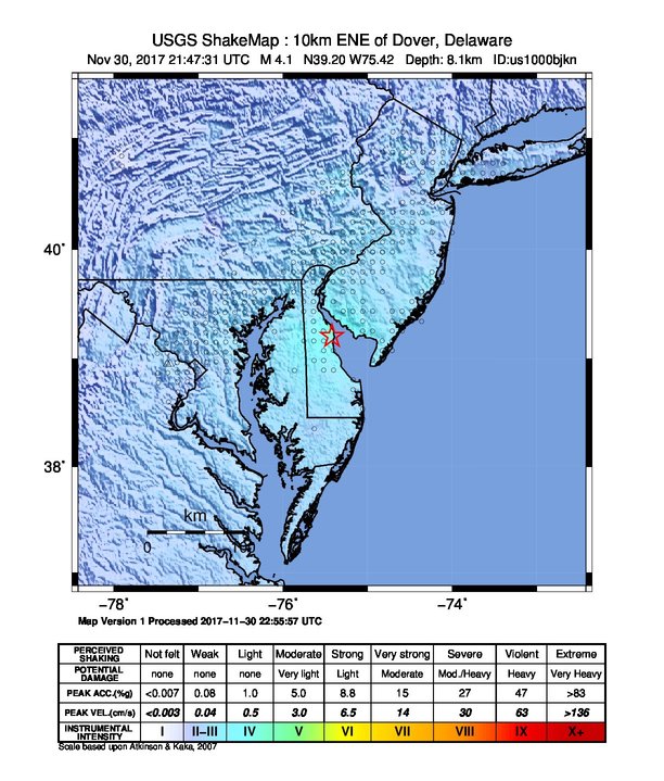 Delaware earthquake - November 30, 2017 - ShakeMap