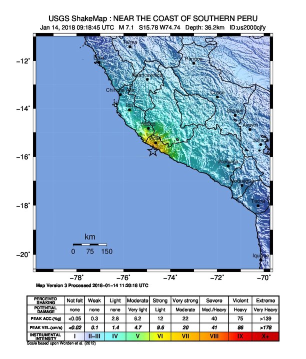 Peru earthquake January 14, 2018 - ShakeMap