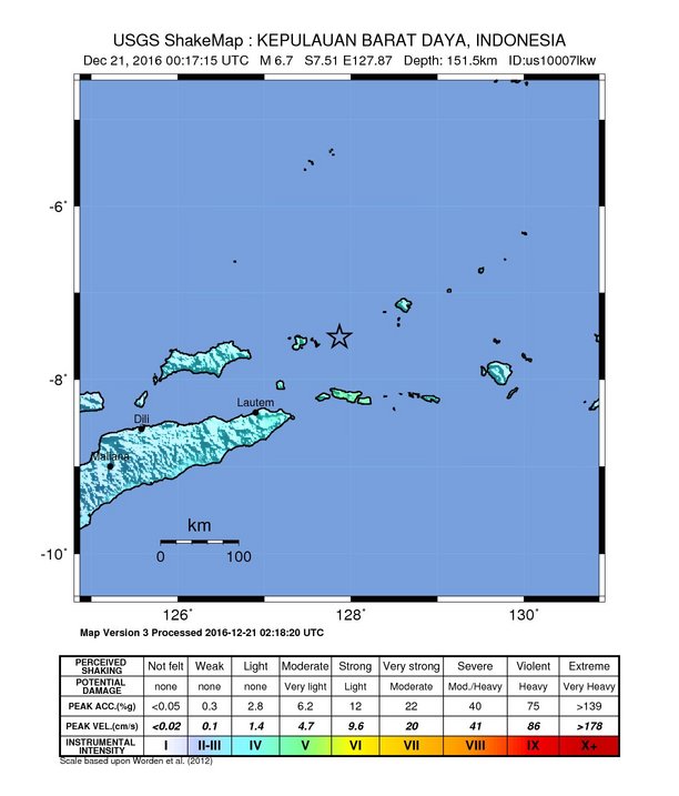 M6.7 earthquake, East Timor - Indonesia on December 21, 2016 - ShakeMap
