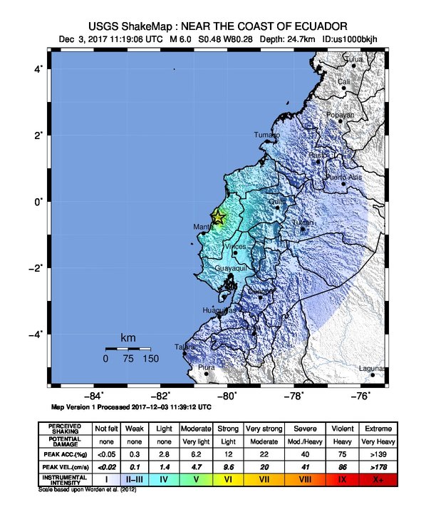 Ecuador earthquake December 3, 2017 - ShakeMap