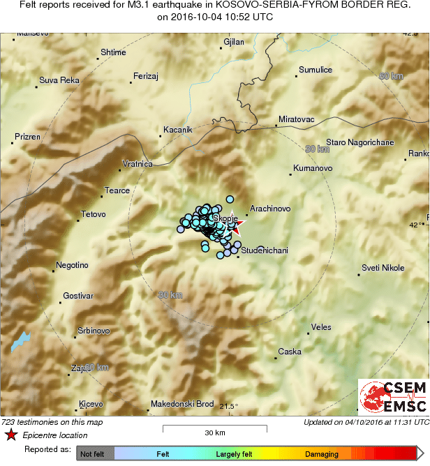 Felt reports after M3.1 earthquake hits Skopje, Macedonia at 10:52 UTC on October 4, 2016