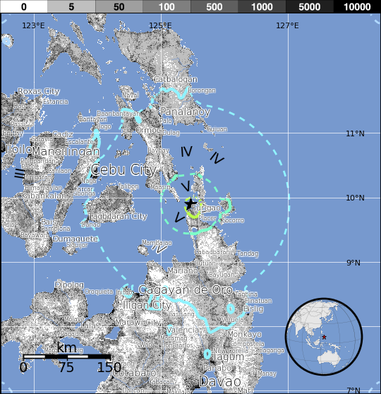 Earthquake Philippines February 10, 2017 - Estimated population exposure