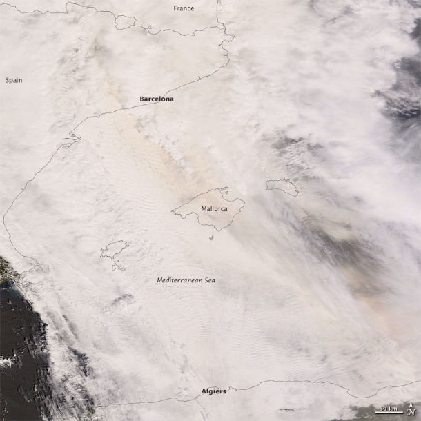 The Moderate Resolution Imaging Spectroradiometer (MODIS) on NASA’s Terra satellite captured this natural-color image on April 29. National borders and coastlines are marked with black outlines.