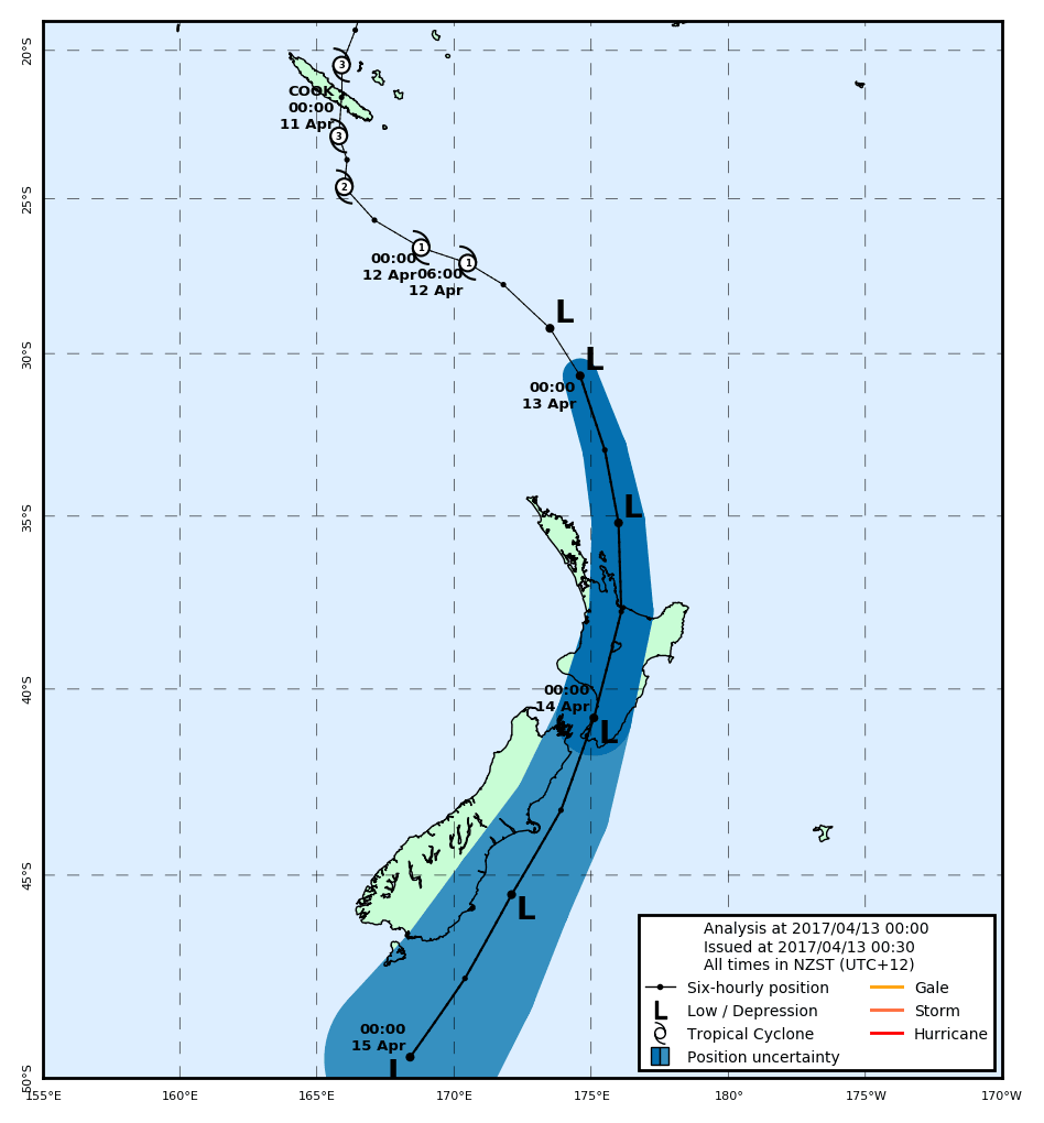 Ex-tropical Cyclone Cook forecast track by TCWC Wellington