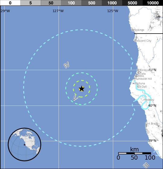 California M6.5 earthquake - December 8, 2016 - Estimated population exposure