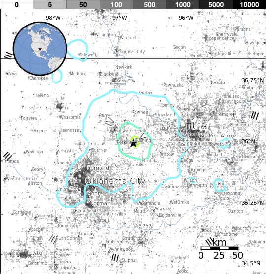 M5.0 earthquake Oklahoma, November 7, 2016 - Estimated population exposure