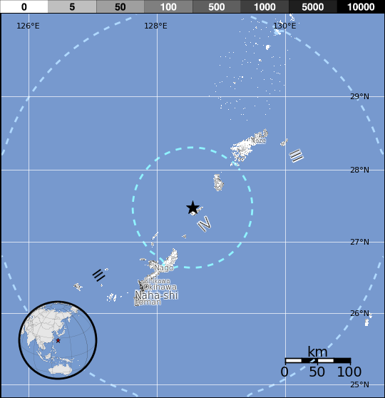 Estimated population exposure map - M6.0 earthquake Ryukyu Islands region, Japan - September 26, 2016