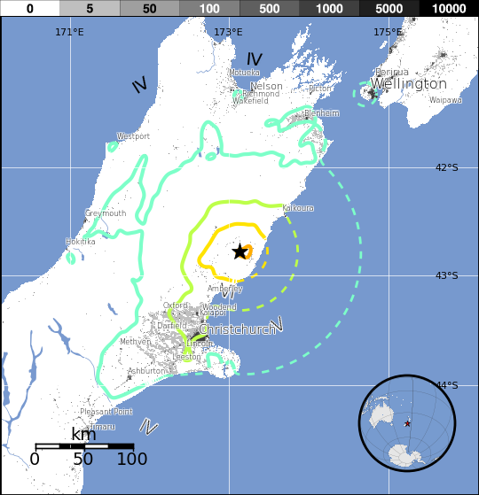Estimated population exposure - South Island, New Zealand November 13, 2016 earthquake
