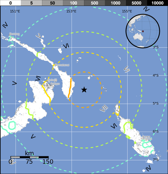 Estimated population exposure to earthquake shaking - M7.9 Papua New Guinea, December 17, 2016